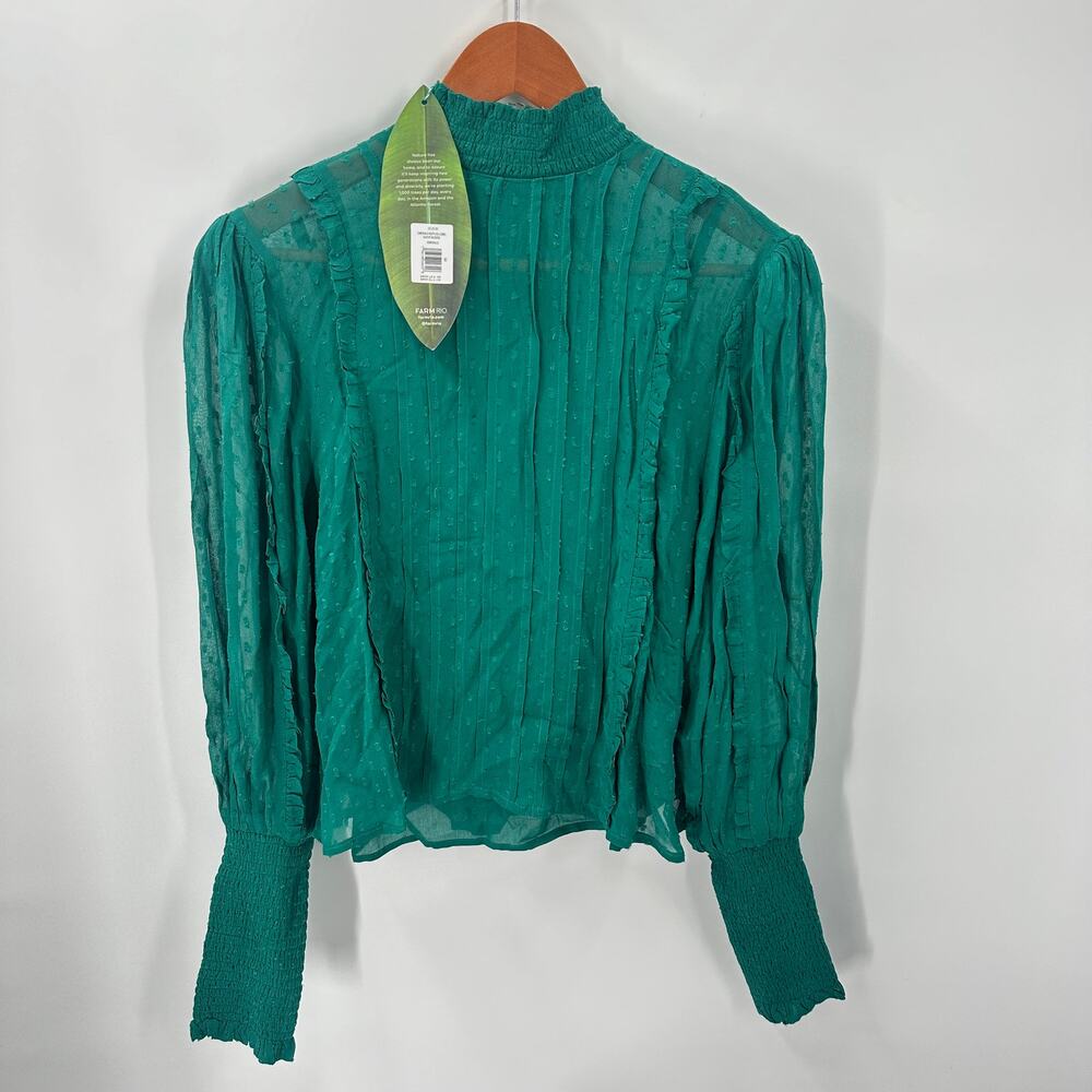 FARM RIO NWT Ruffled Long Sleeve Swiss Dot Blouse in Emerald // M - Picture 8 of 16
